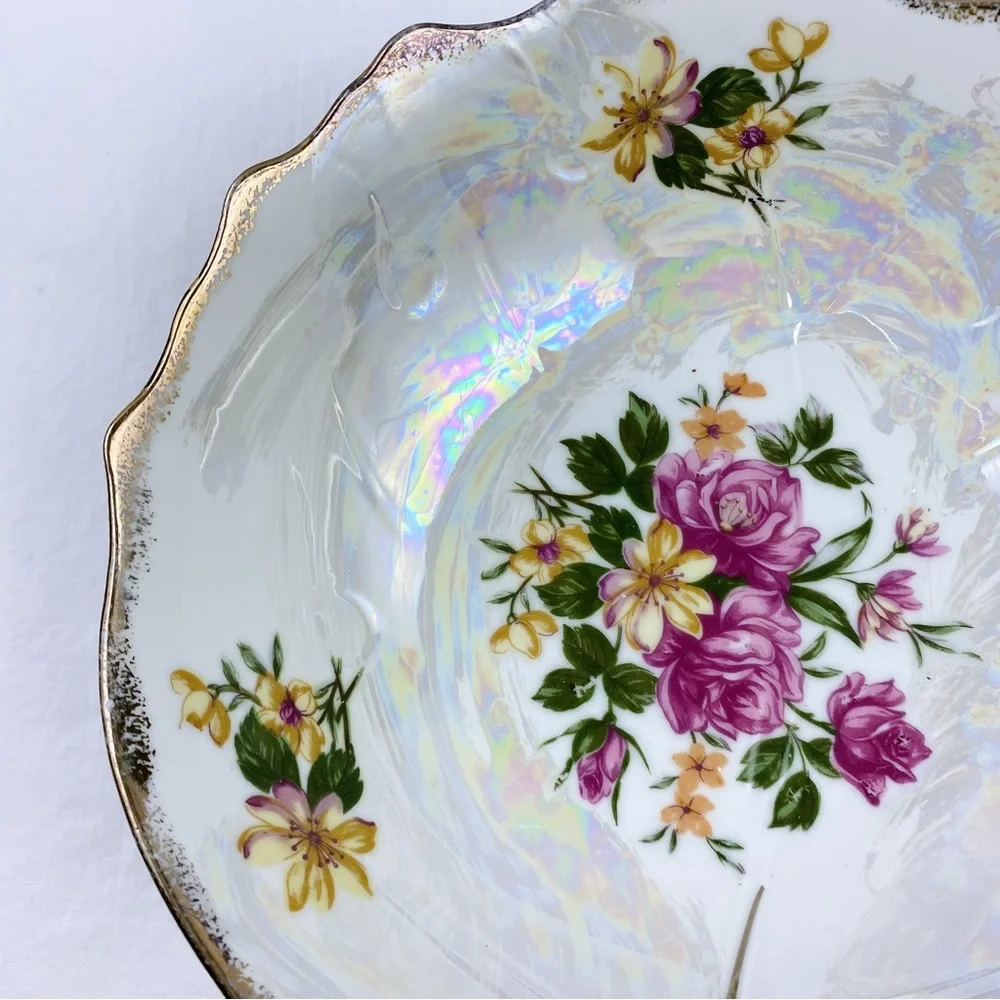 Vintage Floral Lusterware Serving Bowl Gold Trim